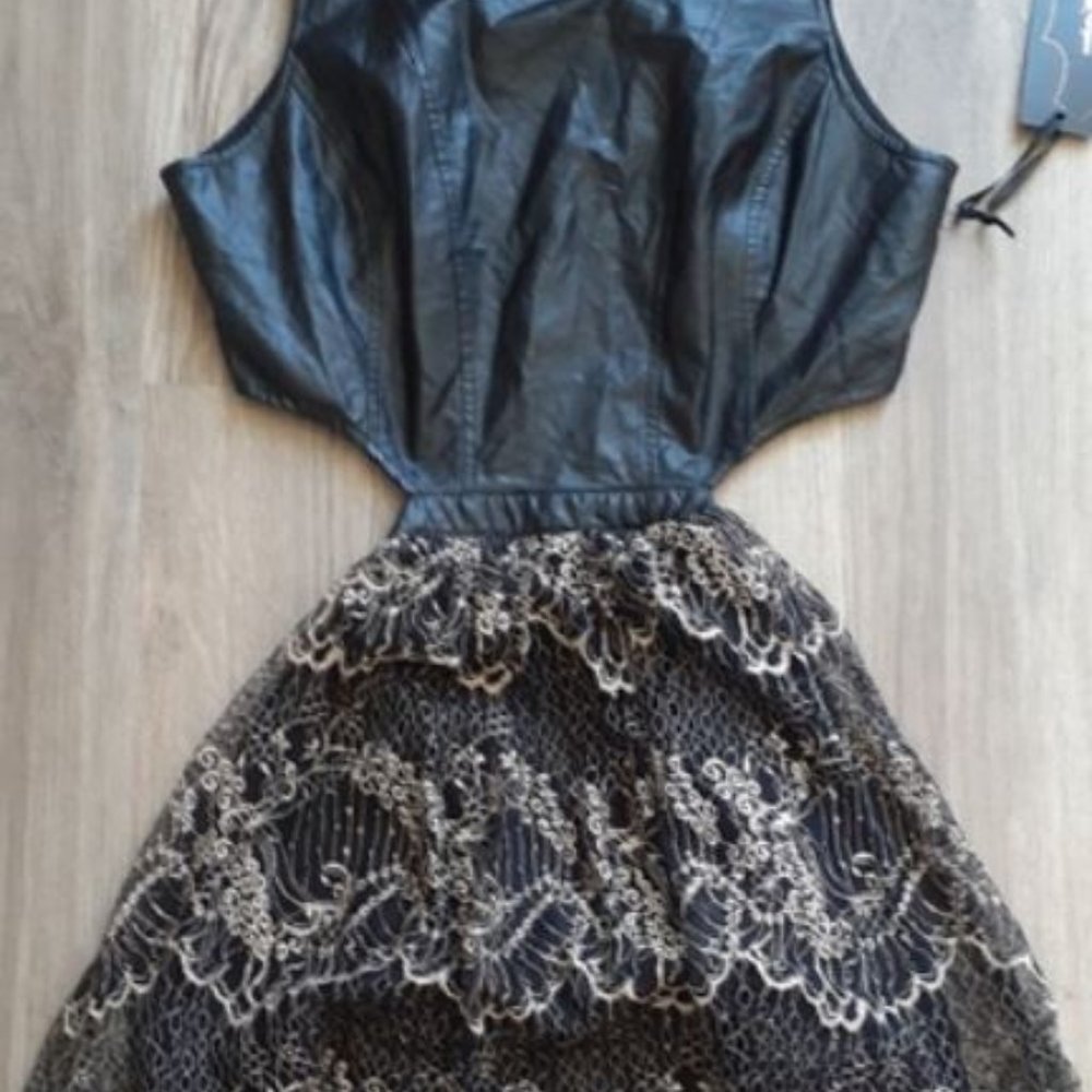 Black Lace and Vegan Leather Cutout Dress